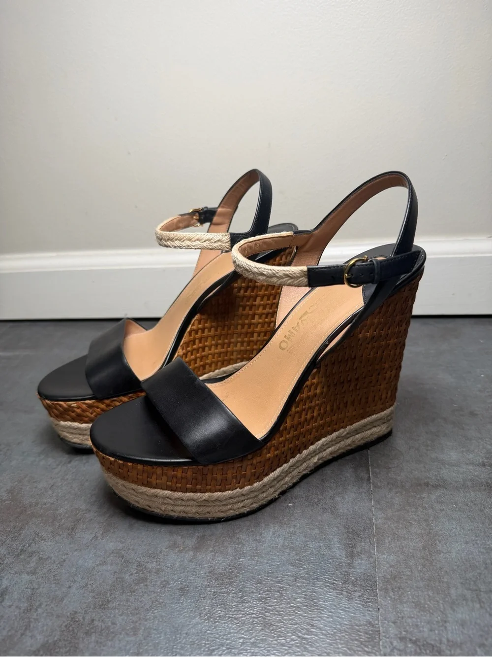 Salvatore Ferragamo Black Leather Espadrilles Wedge Sandal with Rope Ankle Strap